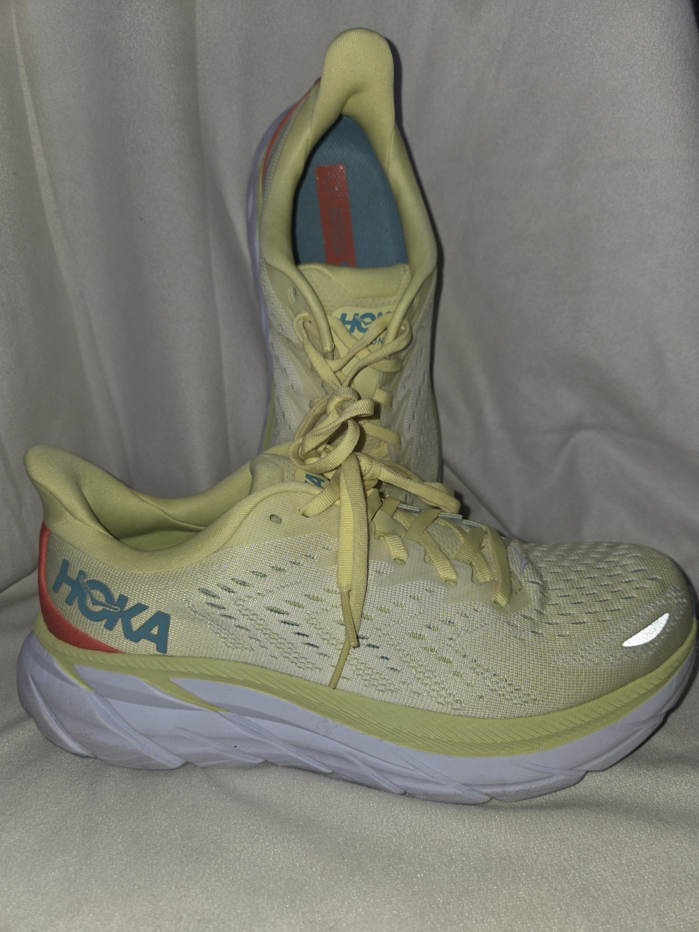 Hoka Women's Clifton 8 Pale Yellow Running Shoes with Teal Logo and Coral Accent